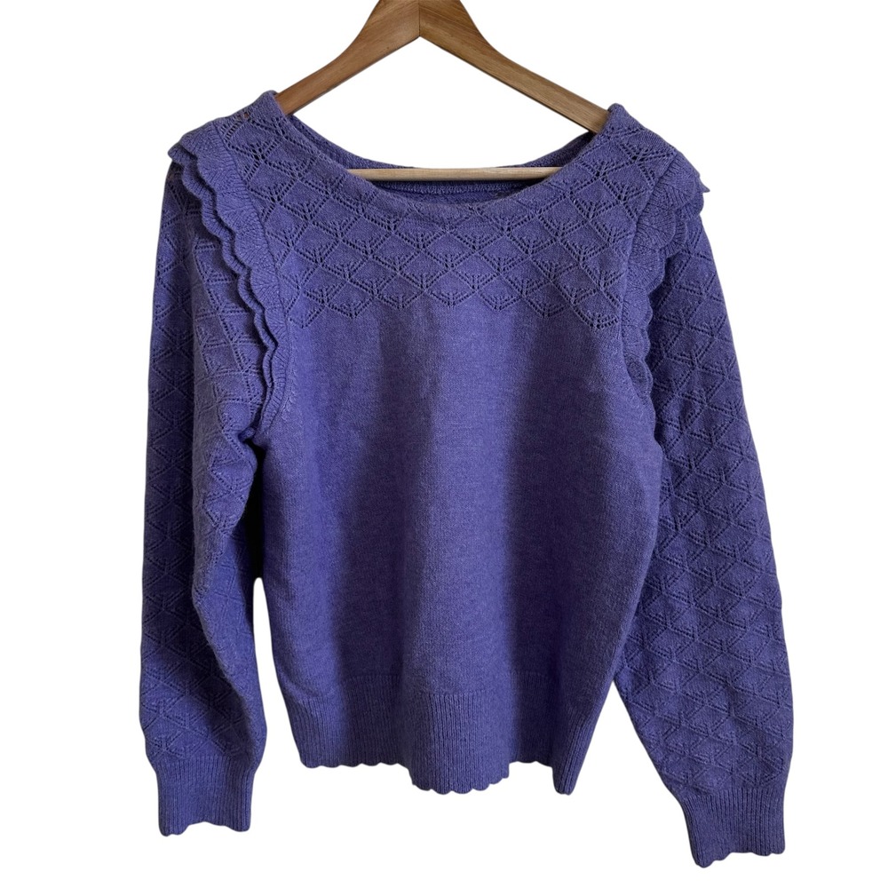 Ruffle Trim Knit Sweater Diamond Pattern Long Sleeve Pullover medium vintage‎